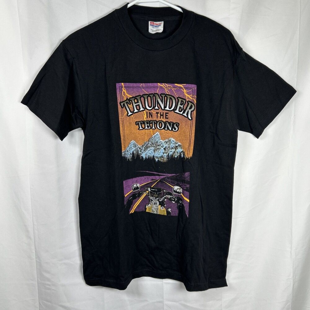 Vtg Hanes Thunder In The Tetons Motorcycle Rally Shirt Yellowstone WY Medium
